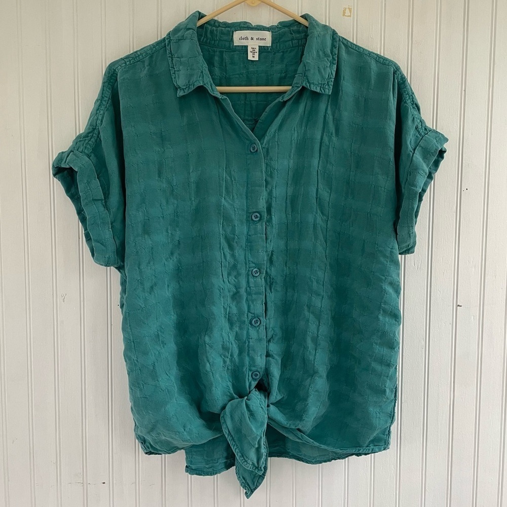 cloth and stone Women's Teal Green Textured Tie Front Button Down Top Medium